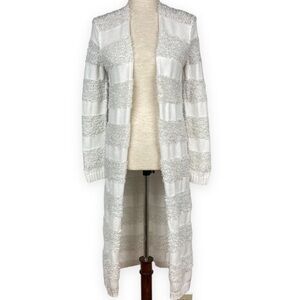 525 AMERICA Fuzzy White Striped Duster Sweater